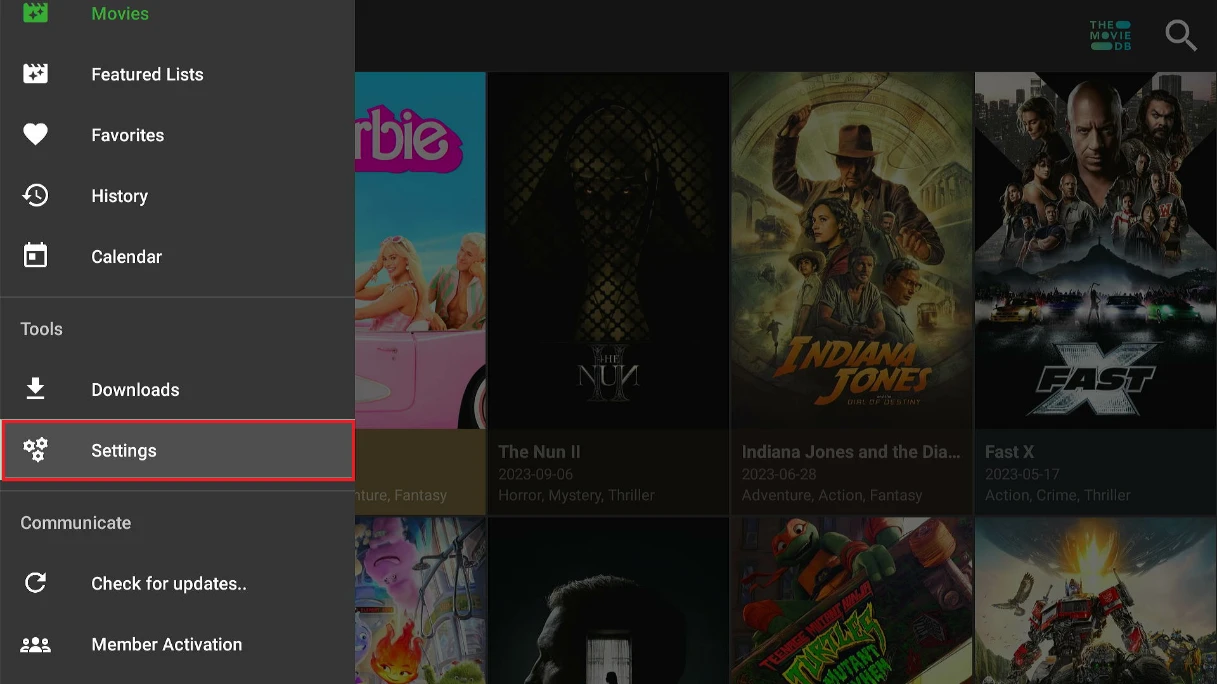 click Settings in the dropdown