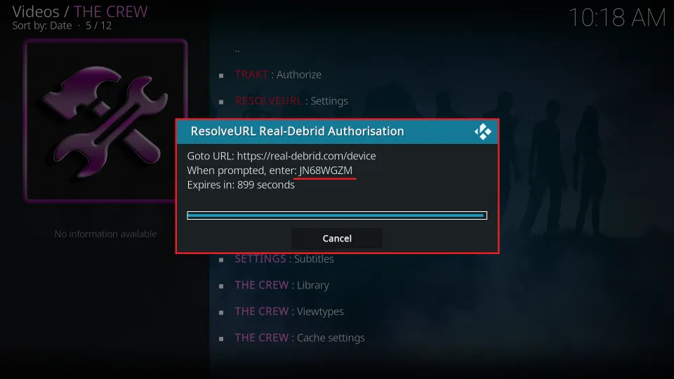 enter the code (login to your Real Debrid account if needed)