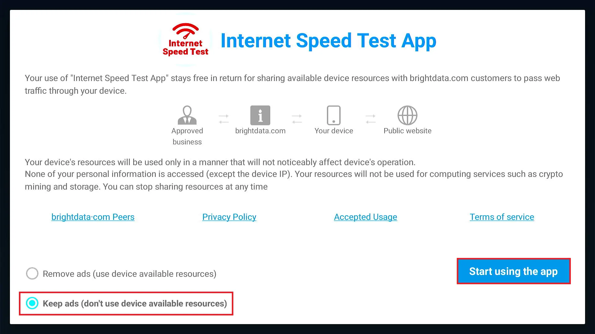 Click Start using the app