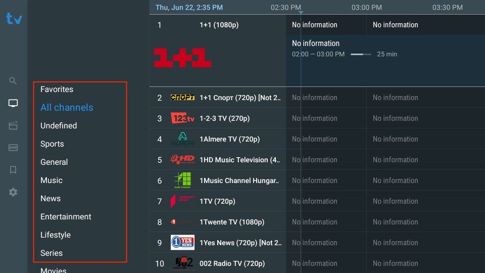 TiviMate's TV section