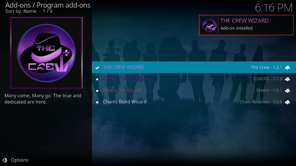 the crew wizard addon installed