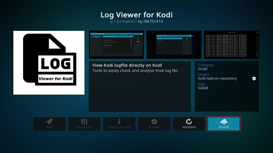 install log viewer for kodi