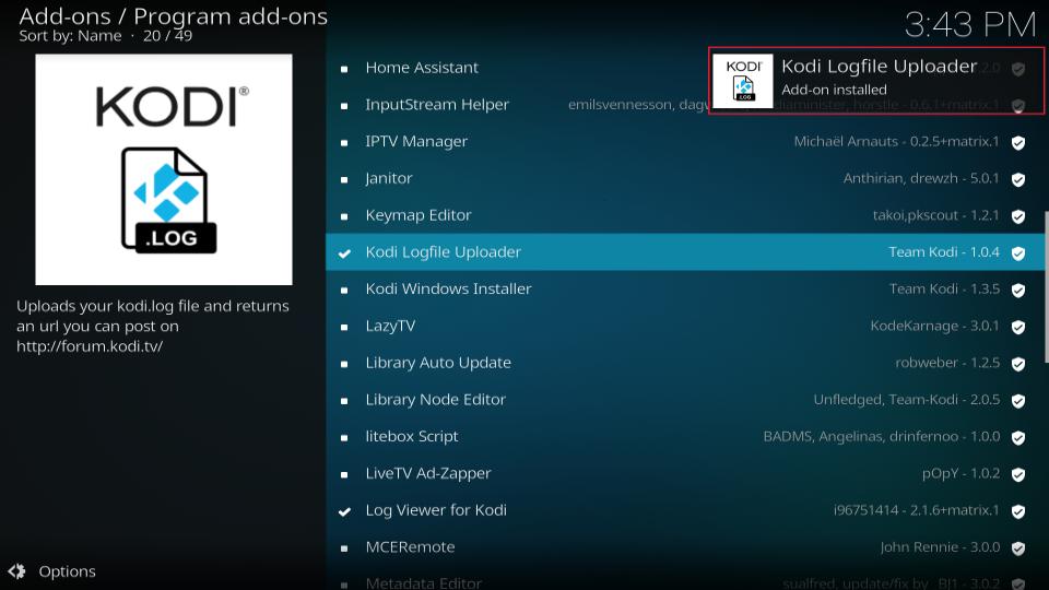 kodi log uploader installed