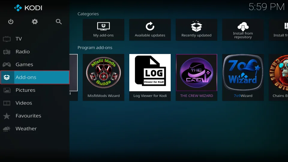 select addons main menu