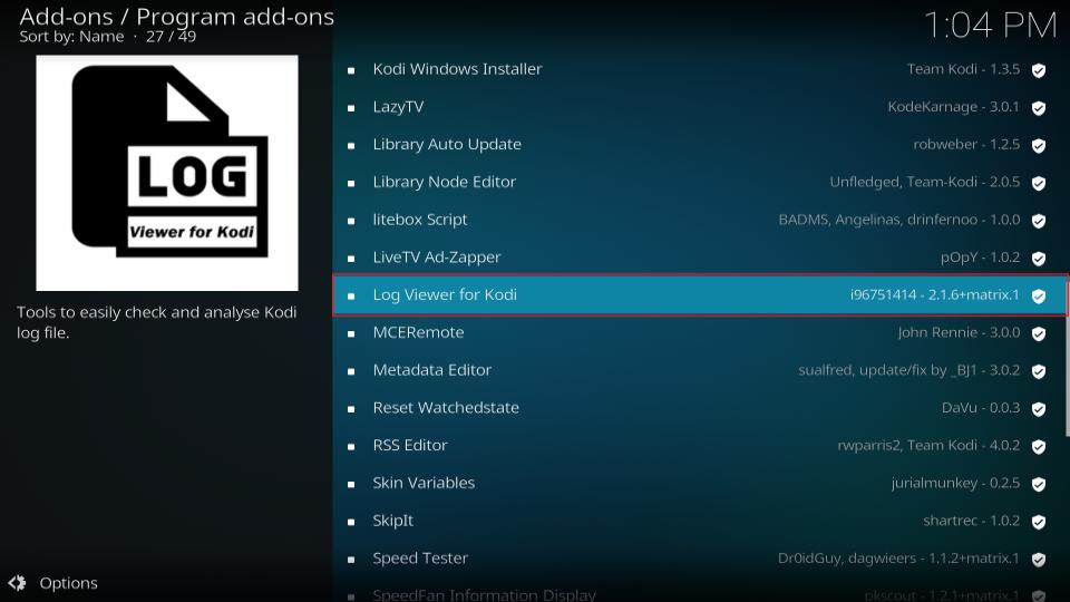 select log viewer for kodi