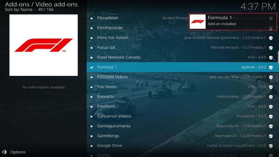 F1 Kodi Addon installed