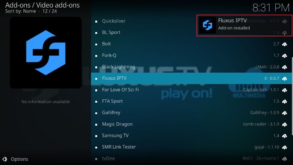 Fluxus IPTV Add-on installed 