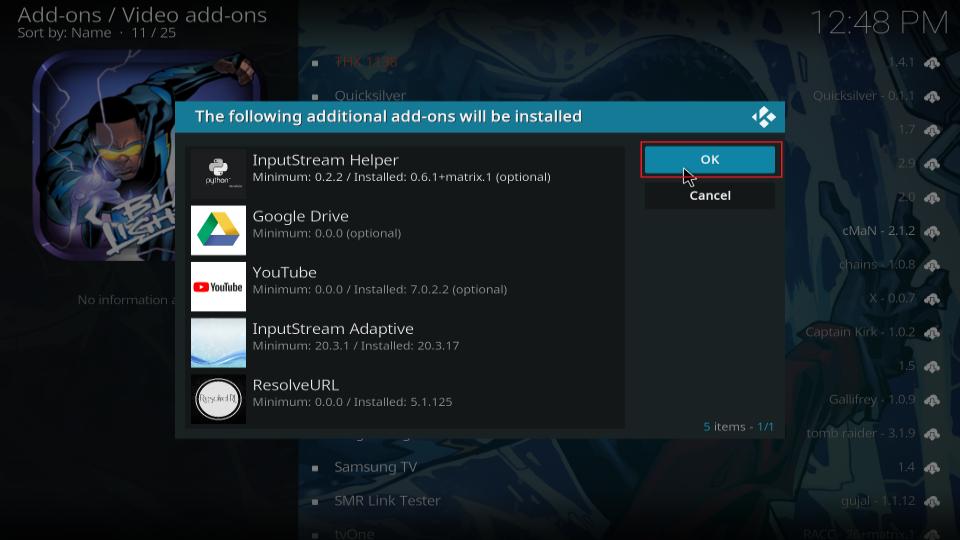 additional addons select ok