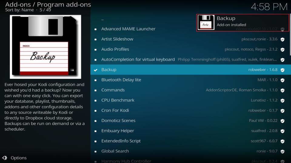 back up addon installed