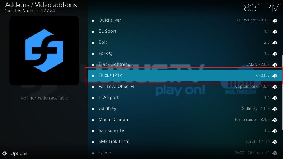 select Fluxus IPTV addon