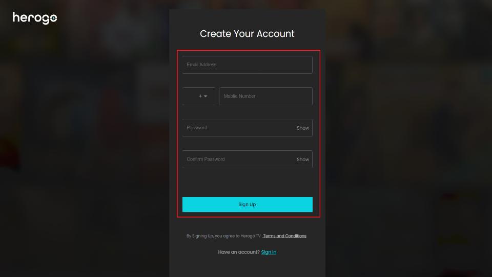 herogo sign up screen