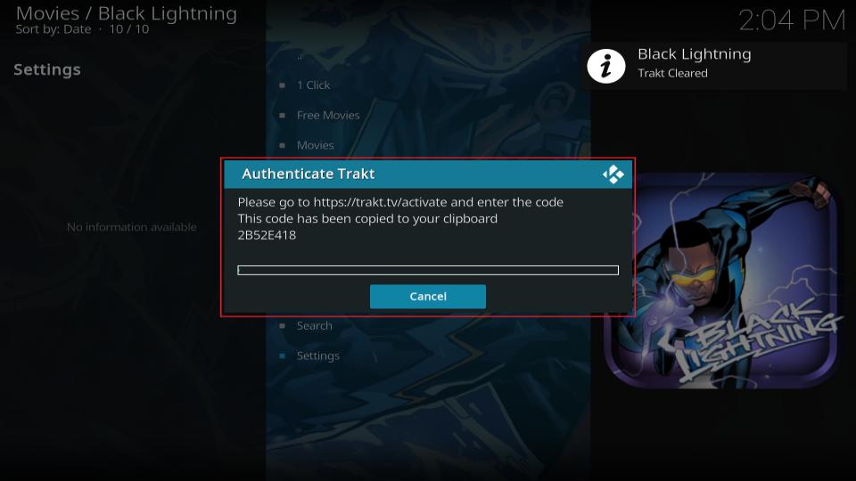 trakt authorization screen