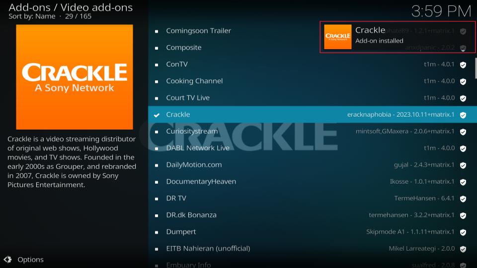 crackle add on installed