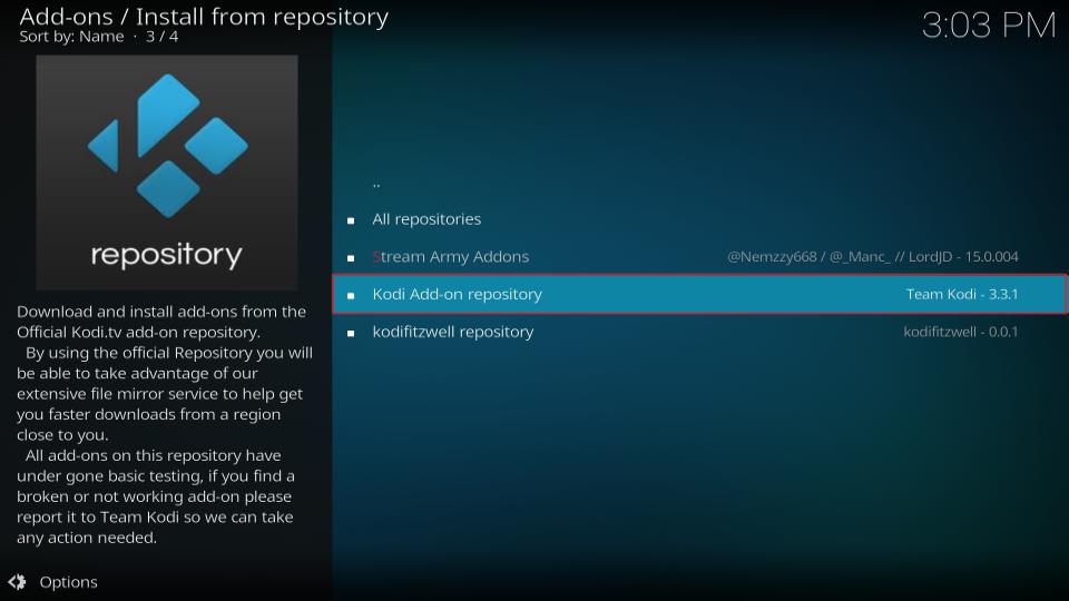 select kodi addon repository