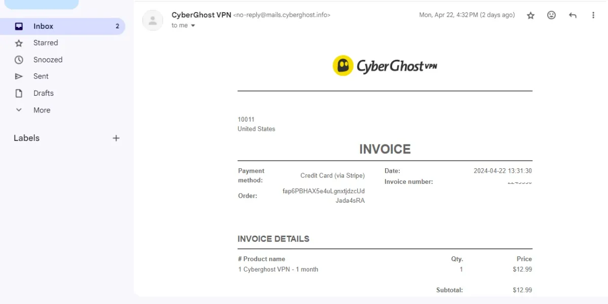 CyberGhost vpn invoice
