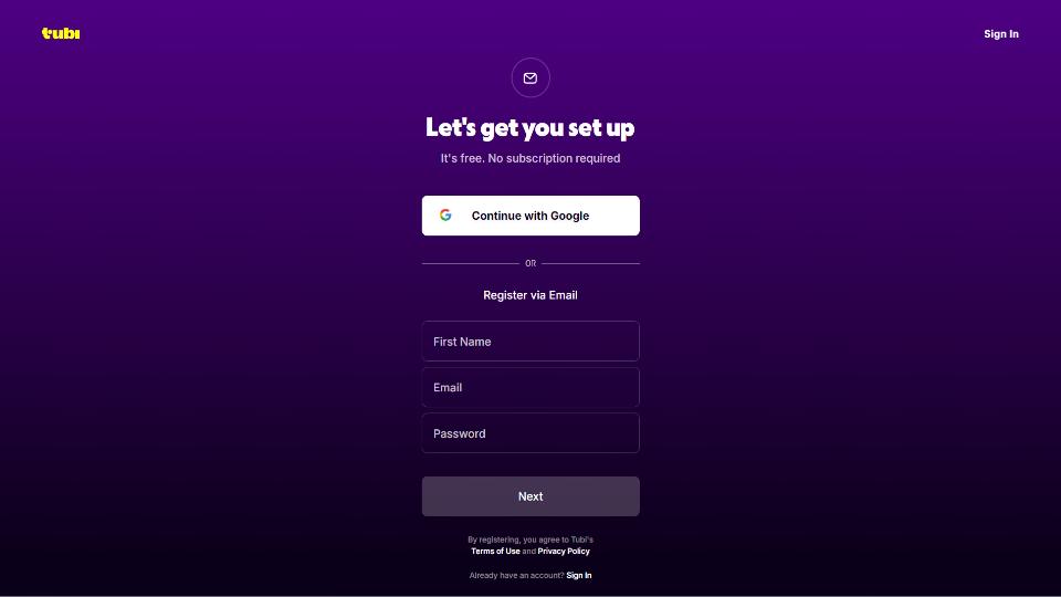 TUBI Tv registration