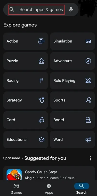 search apps and games