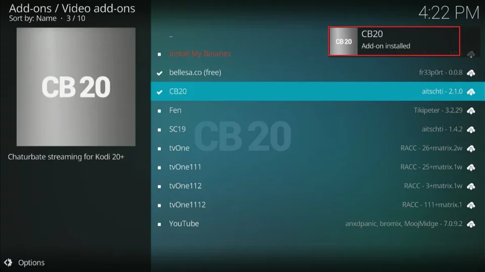 cb20 addon installed
