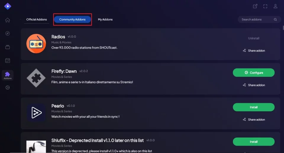 community addons tab