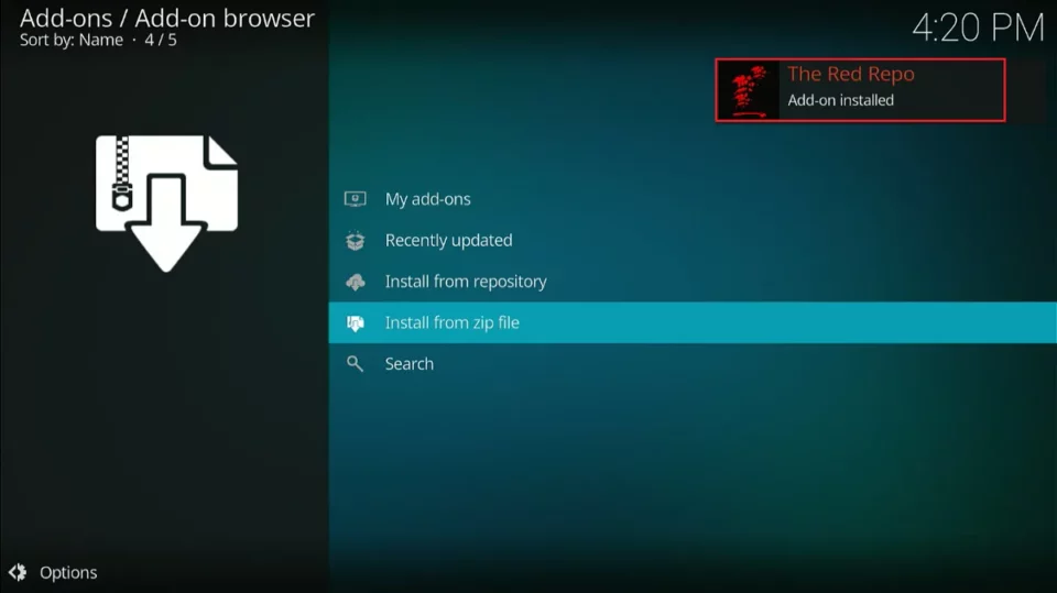 the red repo addon installed