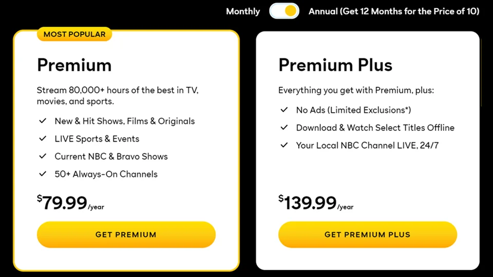 peacock tv annual pricing