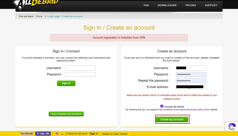 select create my account