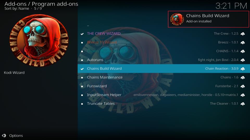 chains build wizard add on installed