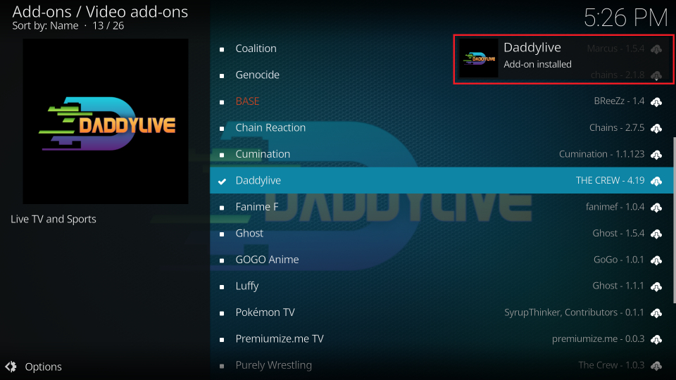 daddy live addon installed