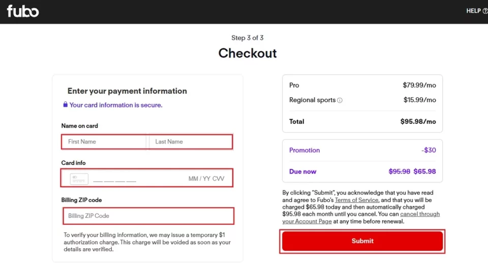 enter credentials check out