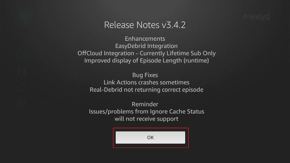 weyd release notes pop up