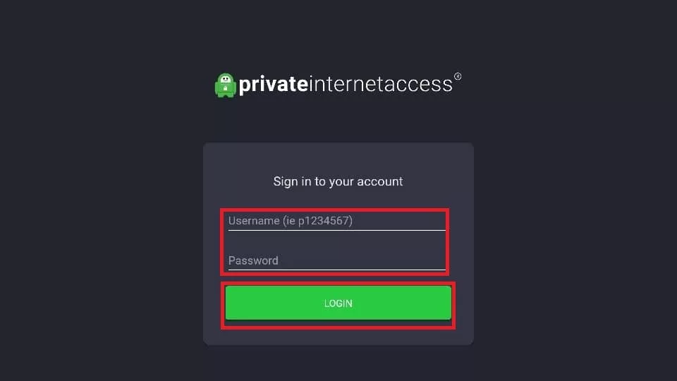 private internet access enter credentials