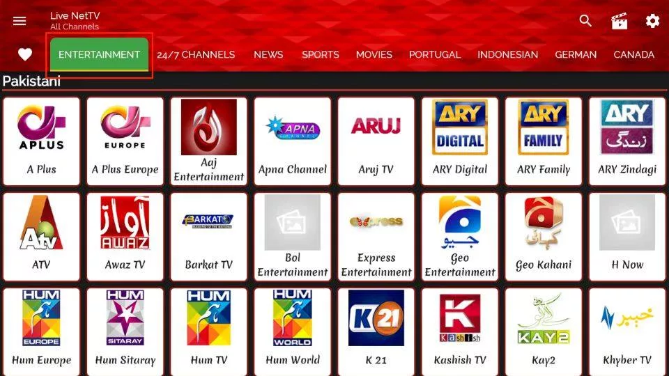 select Entertainment tab