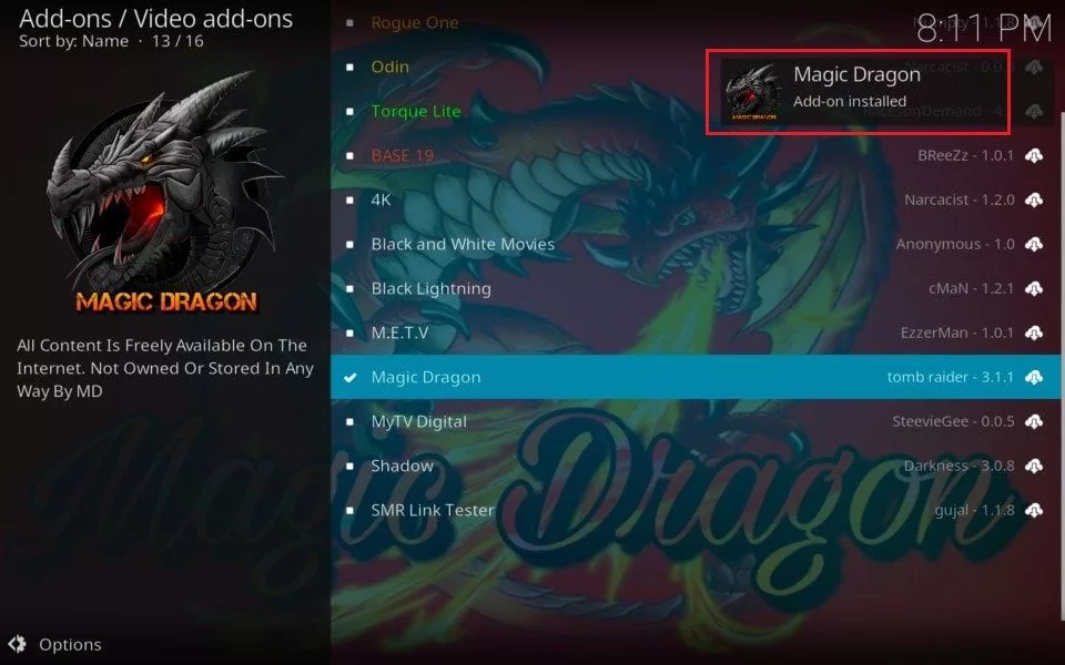 magic dragon addon installed