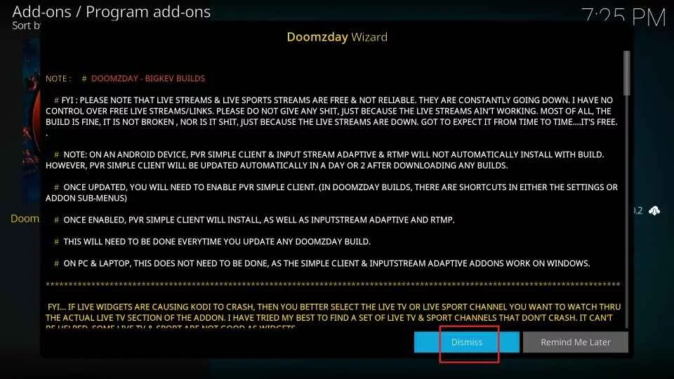 click on dismiss button