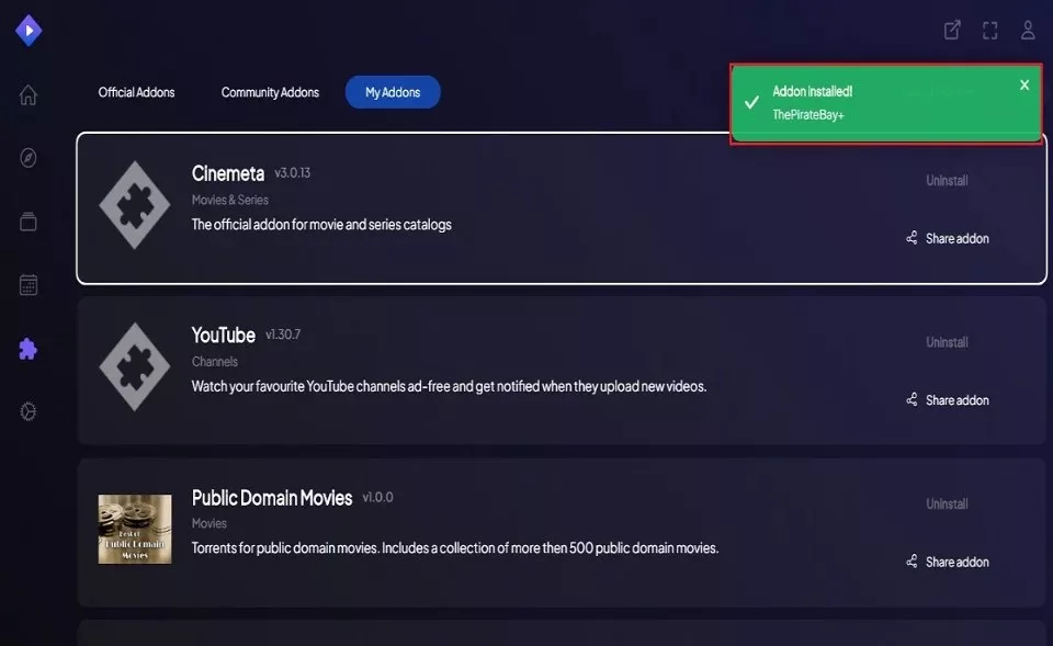 pirate bay addon installed