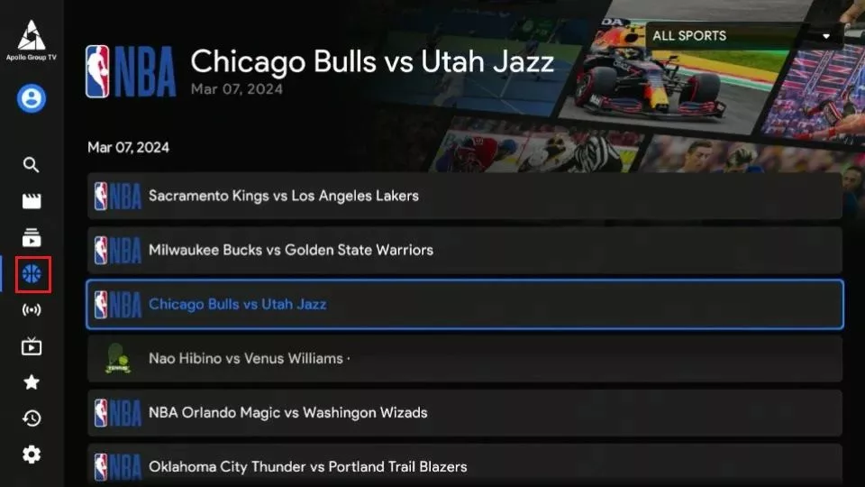 select Sports-VOD tab
