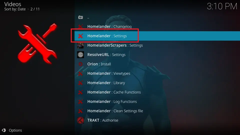 settings option