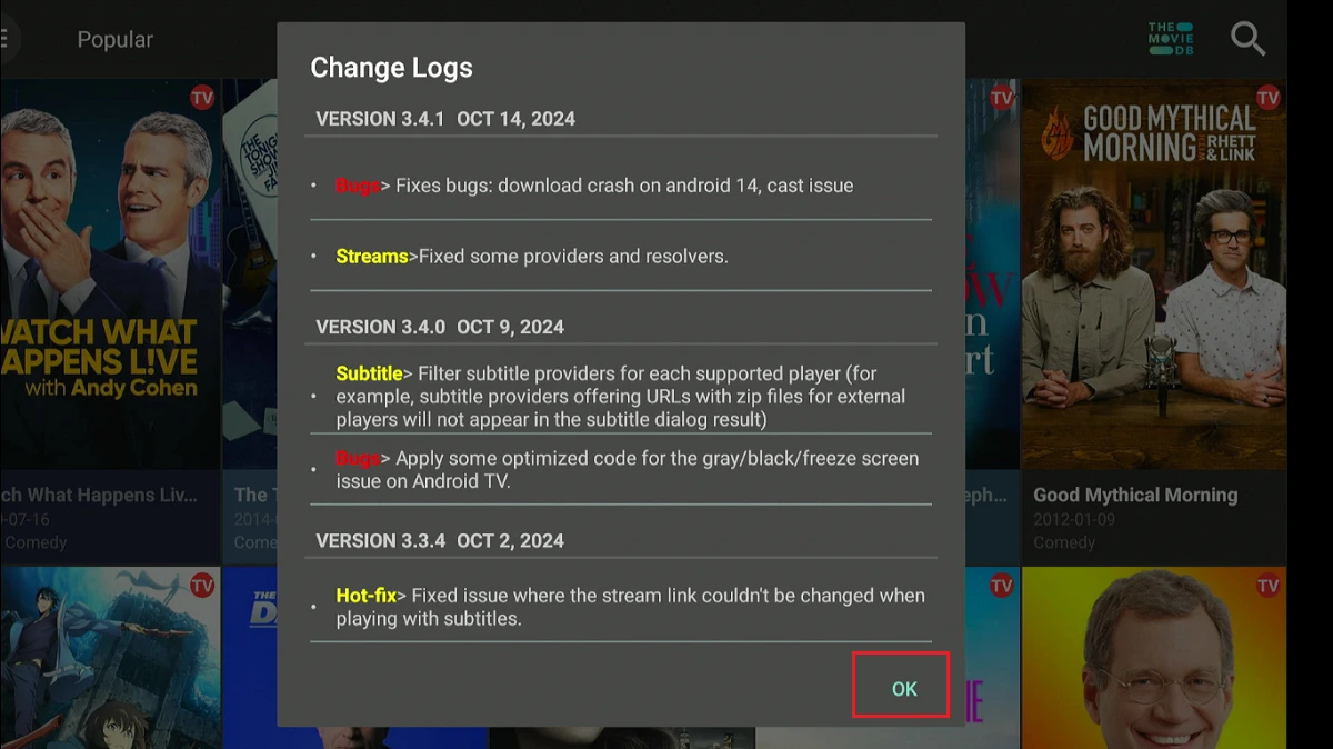 change logs select ok