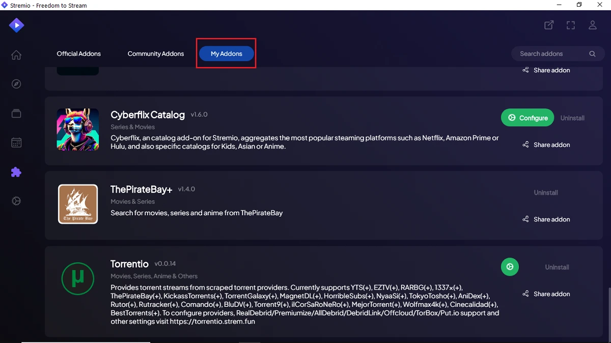 select my addons