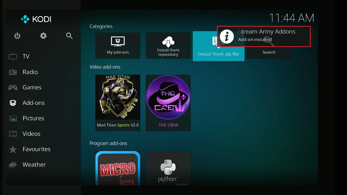 stream army addons installed