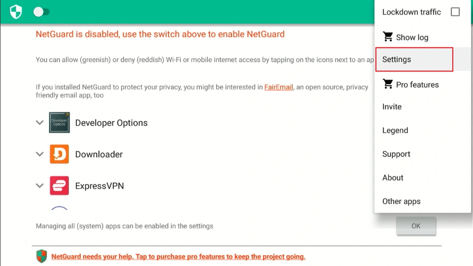select settings