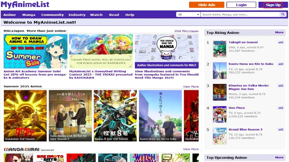 sign up for my anime list