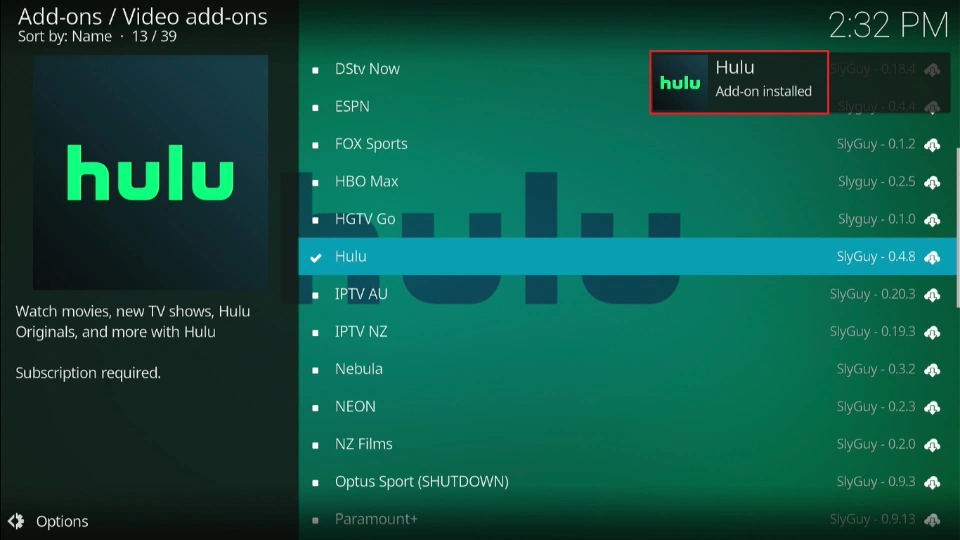 hulu addon installed