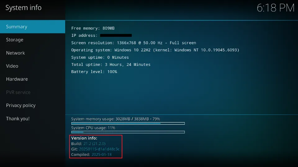 kodi system information