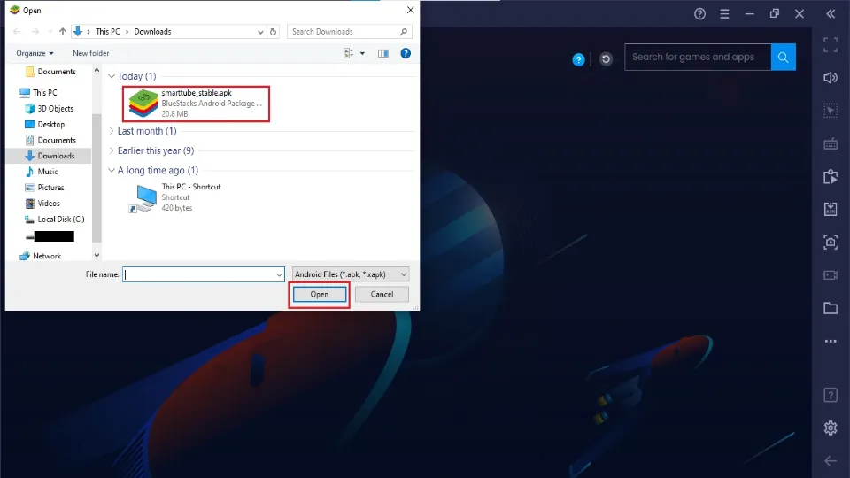 select the apk and click open