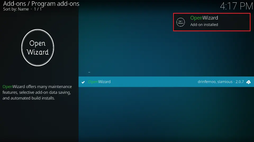 Open Wizard Addon Installed