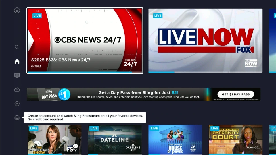 sling tv home screen