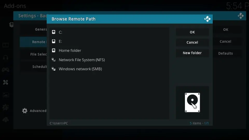 Select the backup location