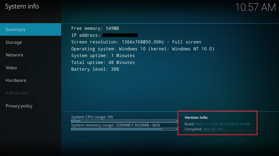 kodi system information