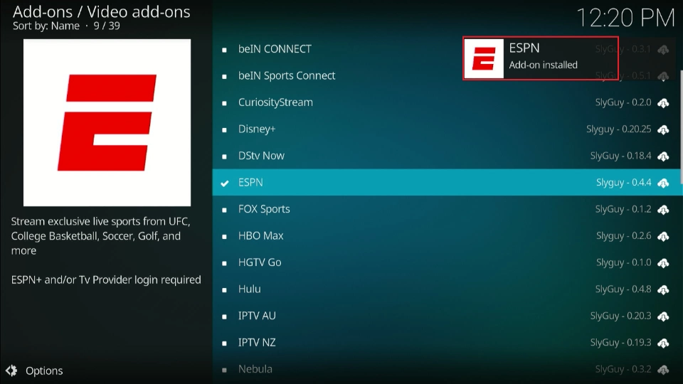 espn addon installed